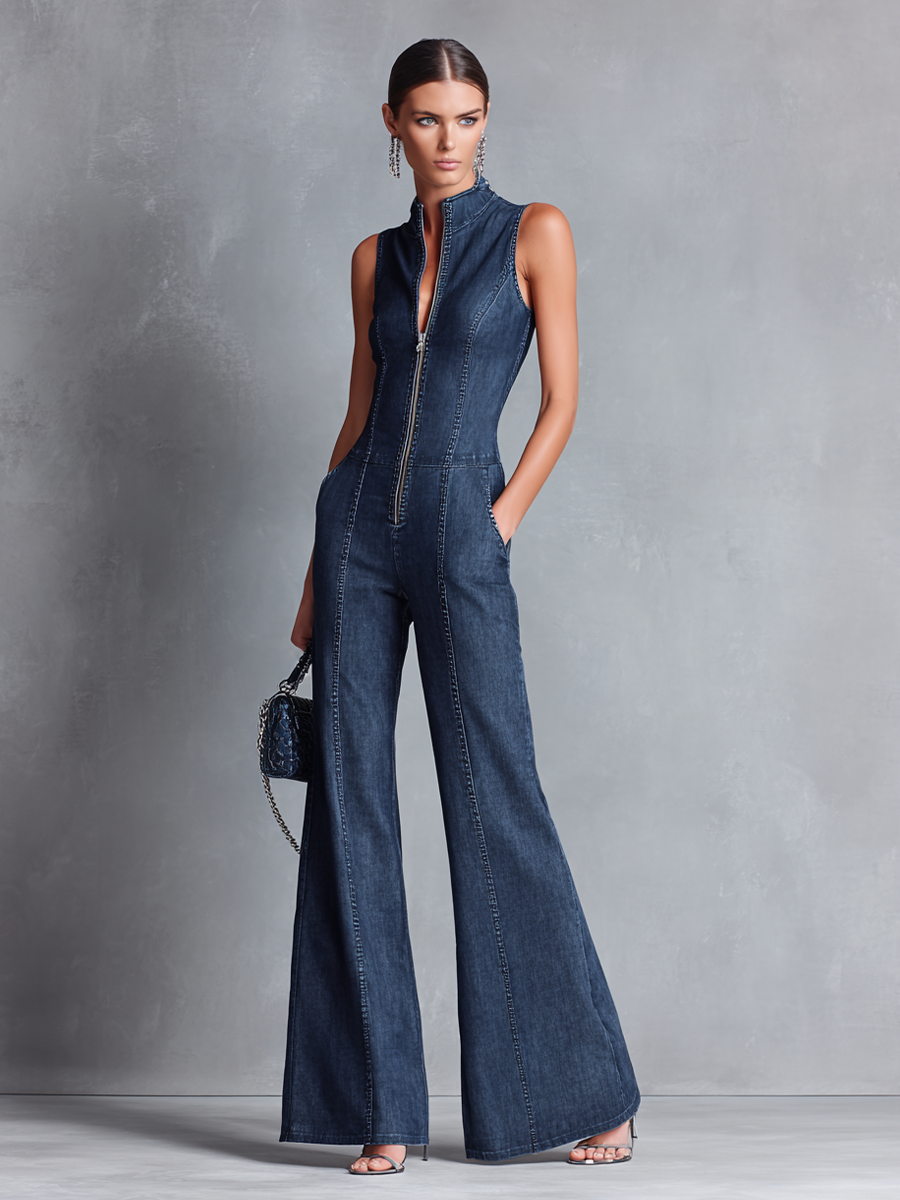 Denovira - Women’s Denim Flared Jumpsuit
