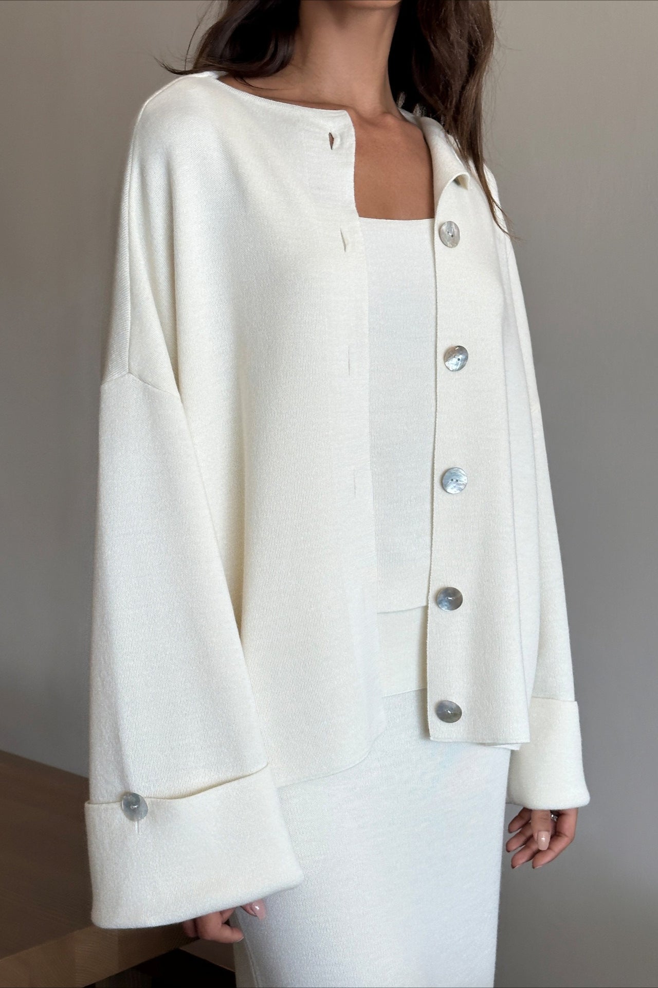 Lunéa – Three-Piece Knit Cardigan, Vest & Skirt Set
