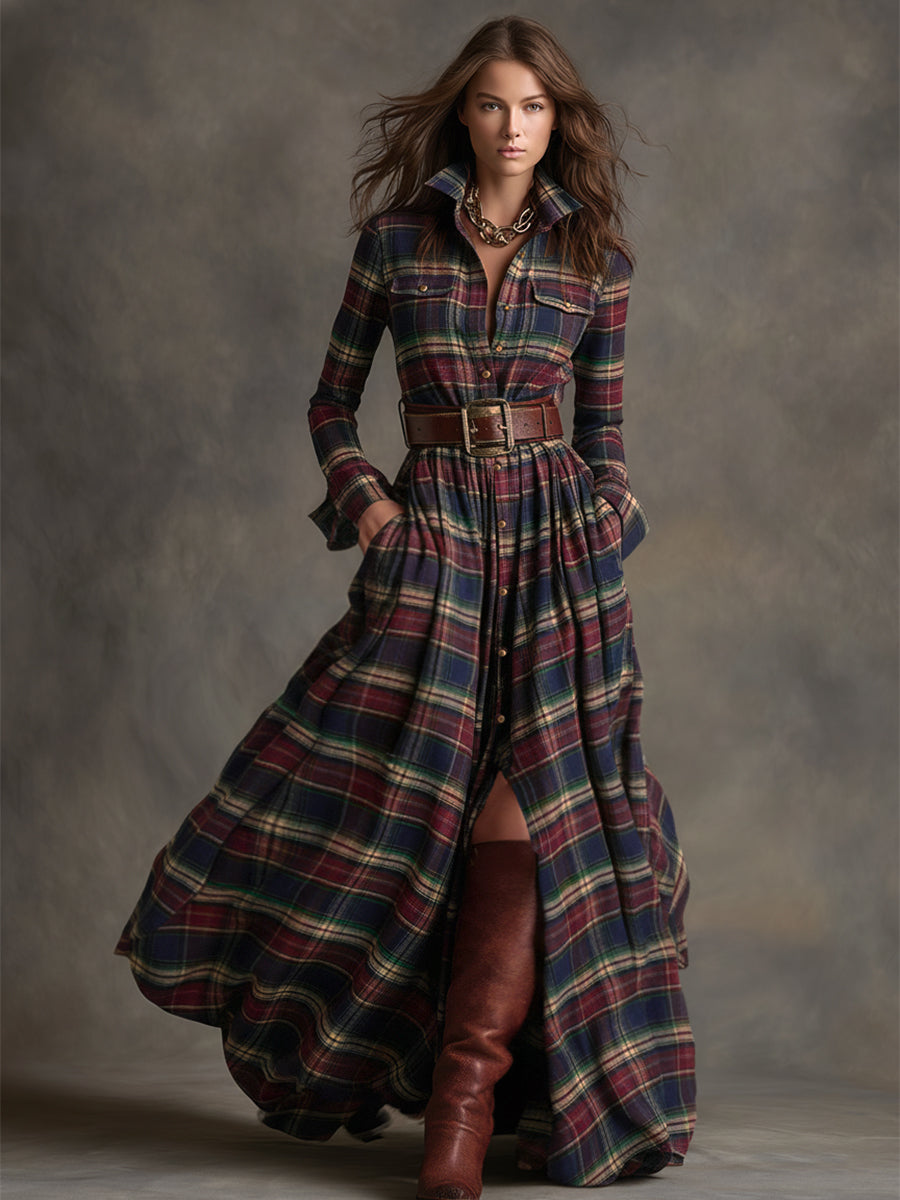 Bravira | Plaid Belted Lapel Maxi Dress