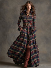 Bravira | Plaid Belted Lapel Maxi Dress