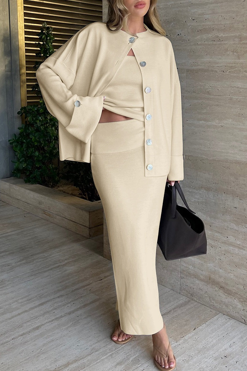 Lunéa – Three-Piece Knit Cardigan, Vest & Skirt Set
