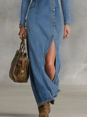 Denara | V-Neck Buttoned Denim Maxi Dress