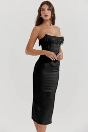 Sharlene | Women’s Strapless Stretch Satin Dress with Lace-Up Back
