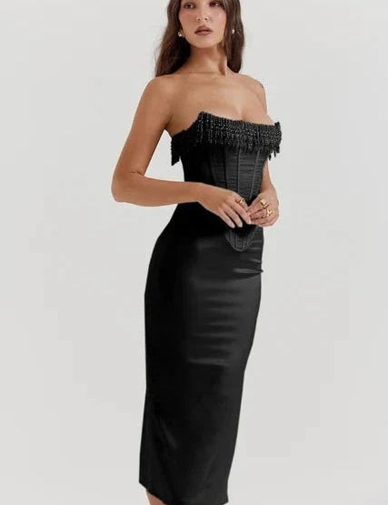 Sharlene | Women’s Strapless Stretch Satin Dress with Lace-Up Back