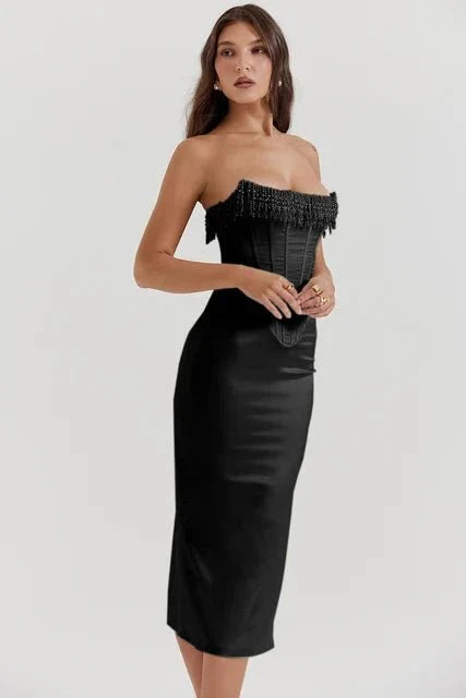 Sharlene | Women’s Strapless Stretch Satin Dress with Lace-Up Back