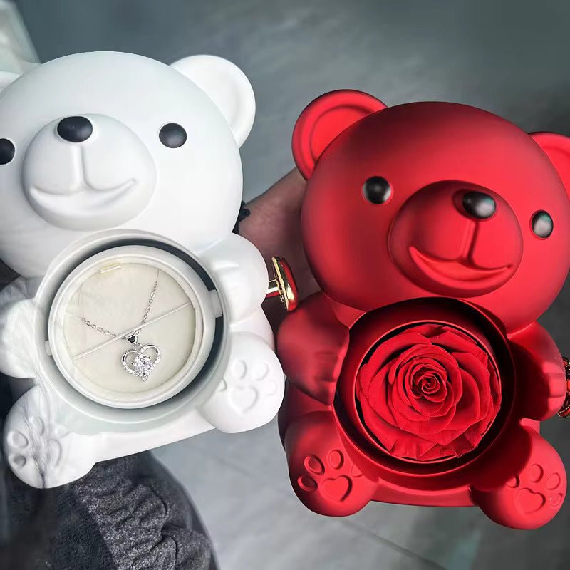 Kouvr | Preserved Rose Bear Gift Box for Her with Hidden Necklace