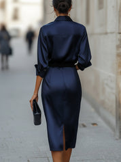 Navarre | Women’s Satin Draped Collar Midi Dress