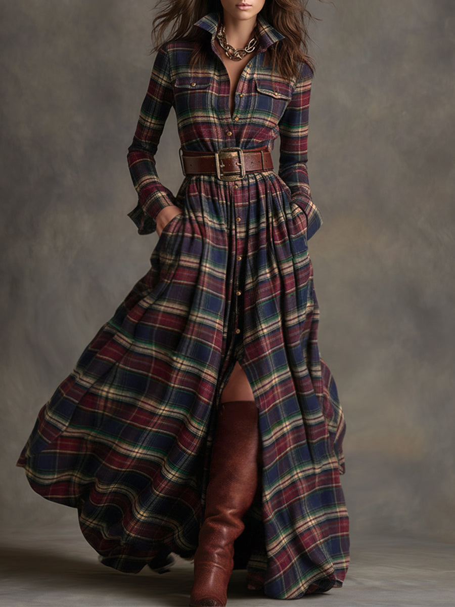 Bravira | Plaid Belted Lapel Maxi Dress