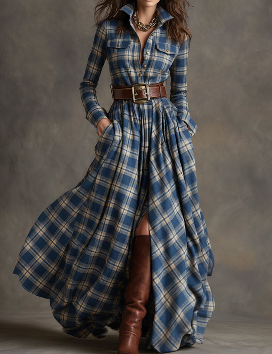 Bravira | Plaid Belted Lapel Maxi Dress