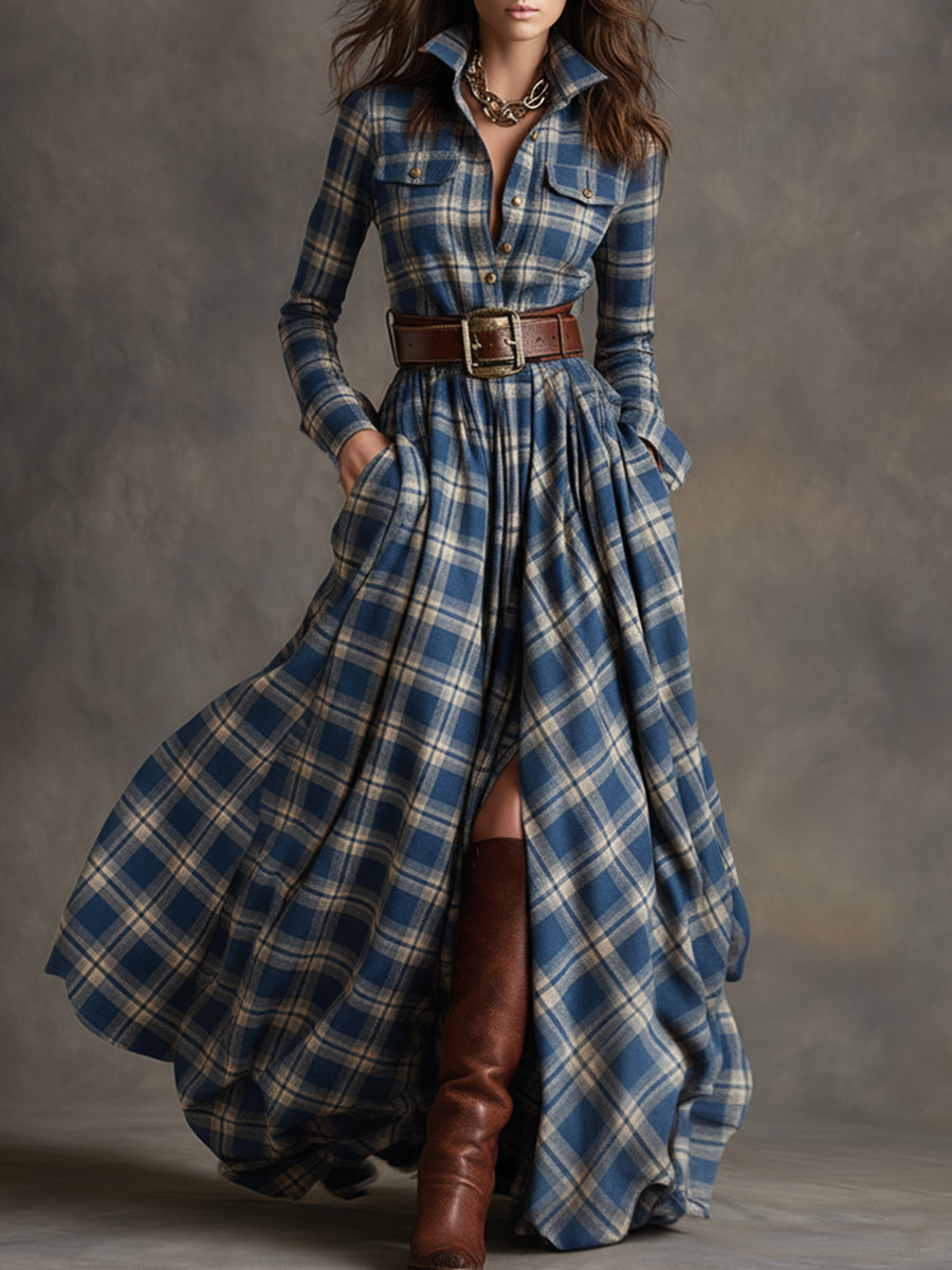 Bravira | Plaid Belted Lapel Maxi Dress