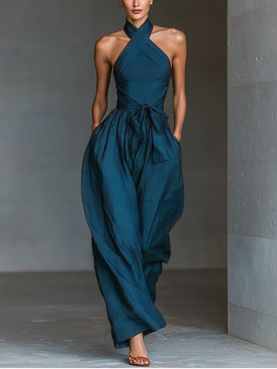 Navira - Women’s Linen Cross Halter Wide Leg Jumpsuit