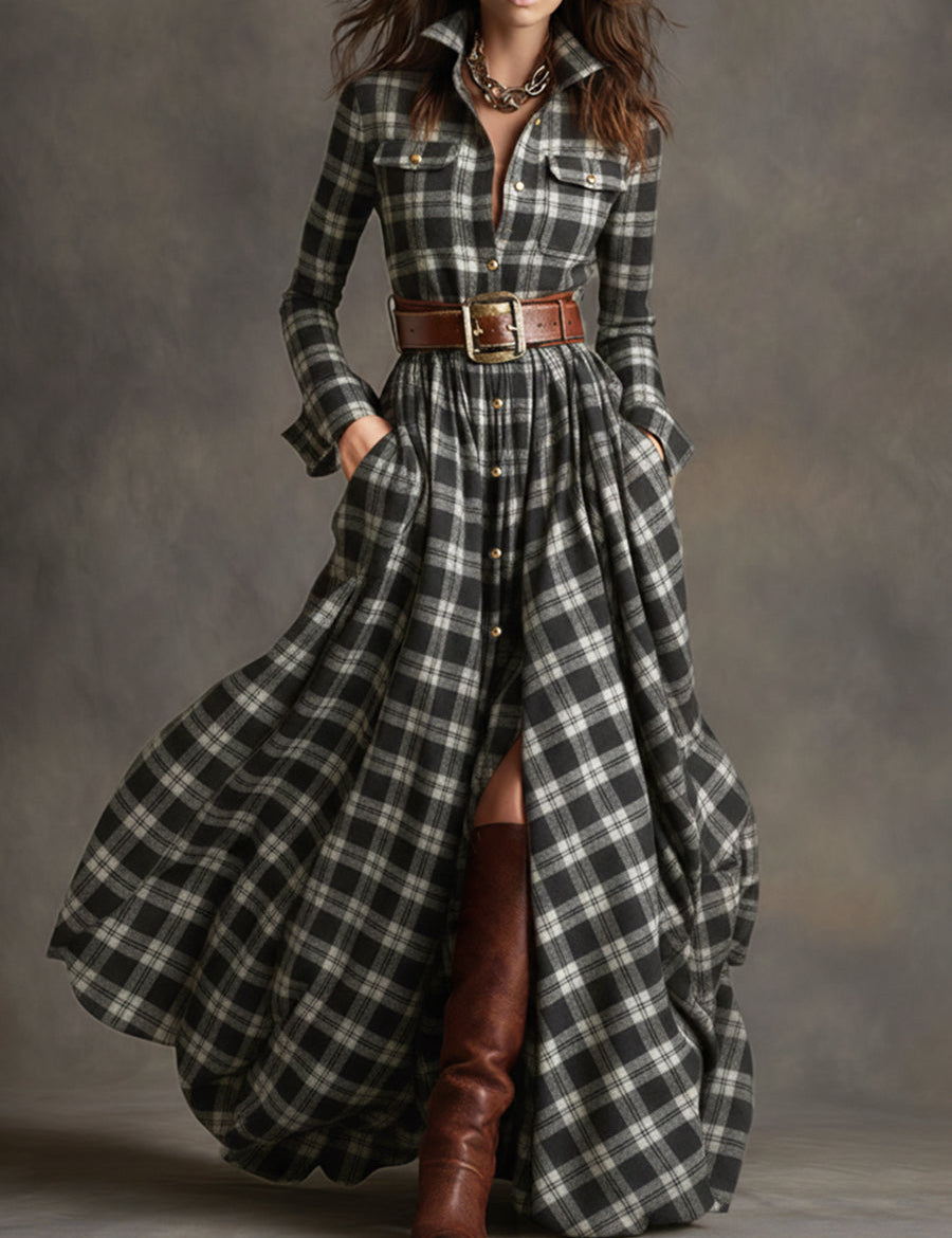 Bravira | Plaid Belted Lapel Maxi Dress