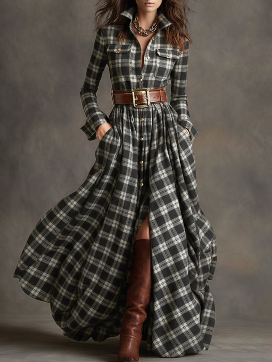 Bravira | Plaid Belted Lapel Maxi Dress
