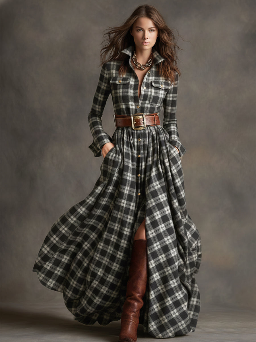 Bravira | Plaid Belted Lapel Maxi Dress