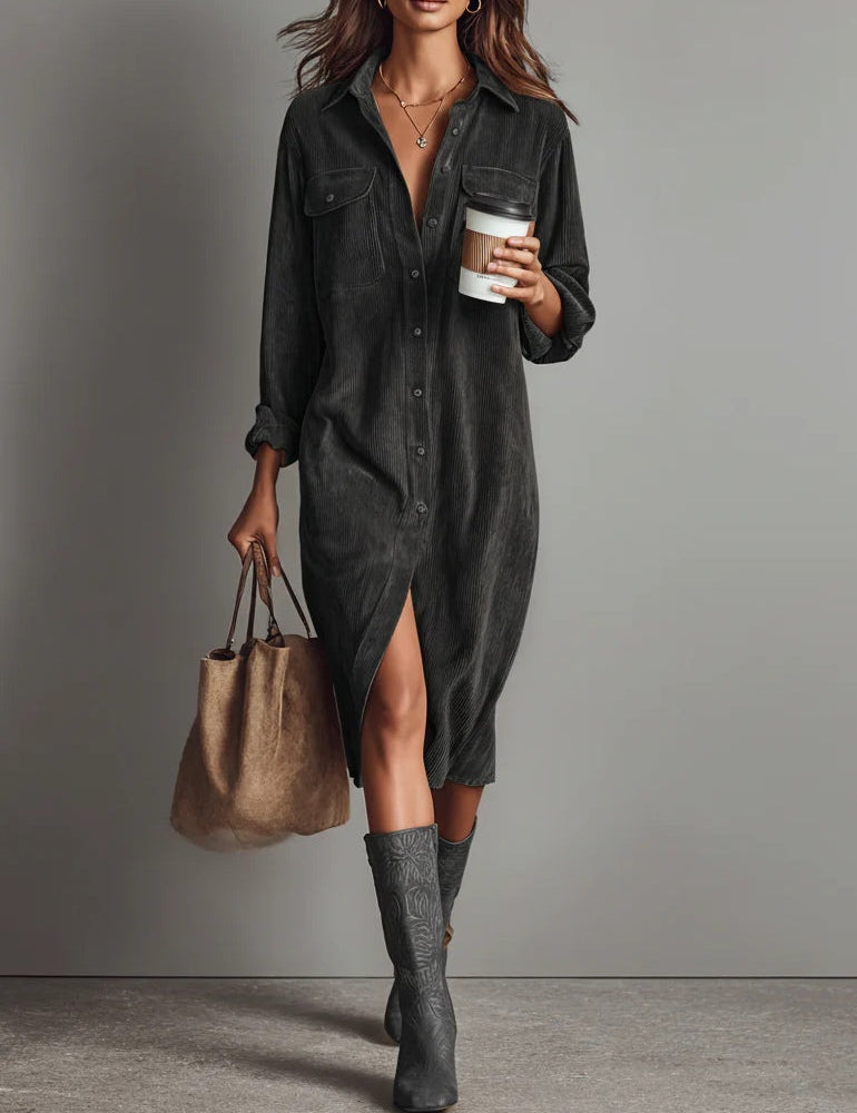 Corvella - Women’s Corduroy Midi Shirt Dress