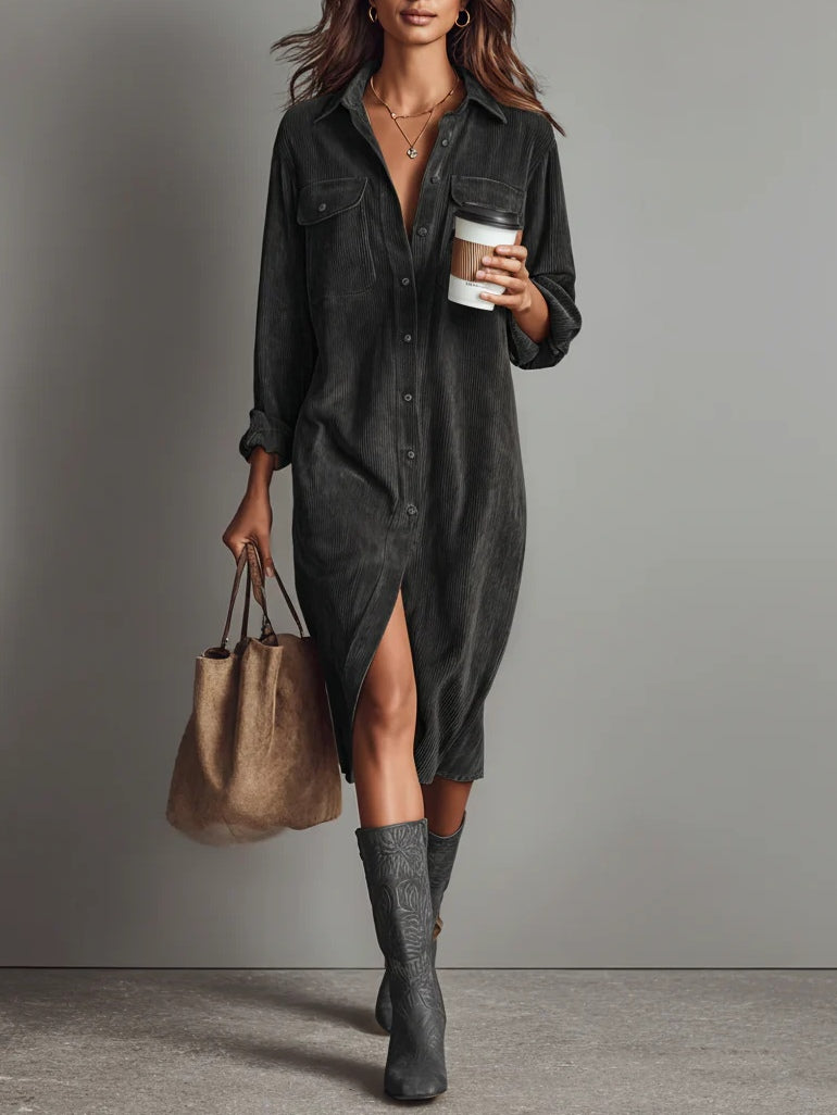 Corvella - Women’s Corduroy Midi Shirt Dress