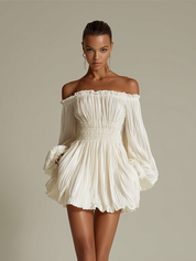 Ivessia - Women’s Off Shoulder Pleated Mini Dress