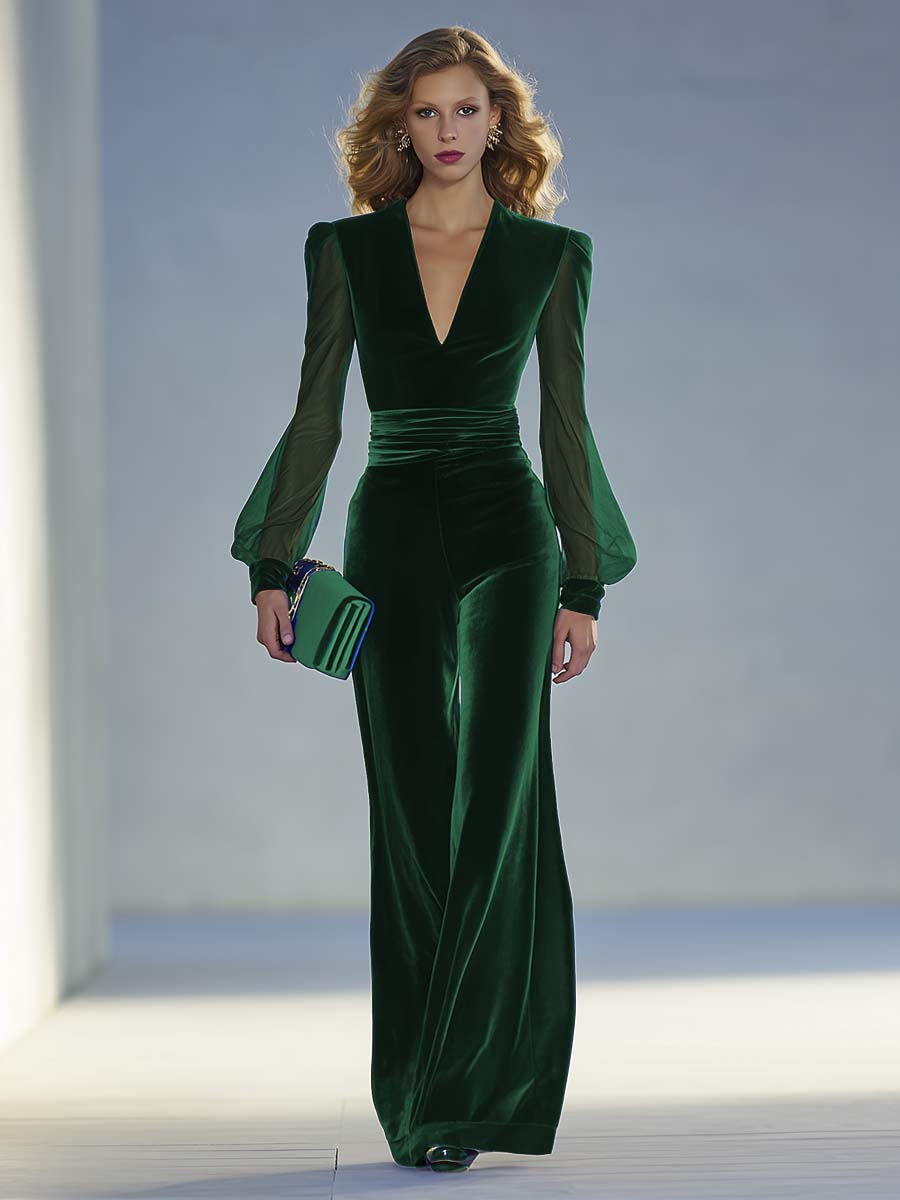 Velmira | Velvet Mesh Sleeve Jumpsuit