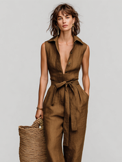 Torvella - Women’s Linen Tie Waist Jumpsuit