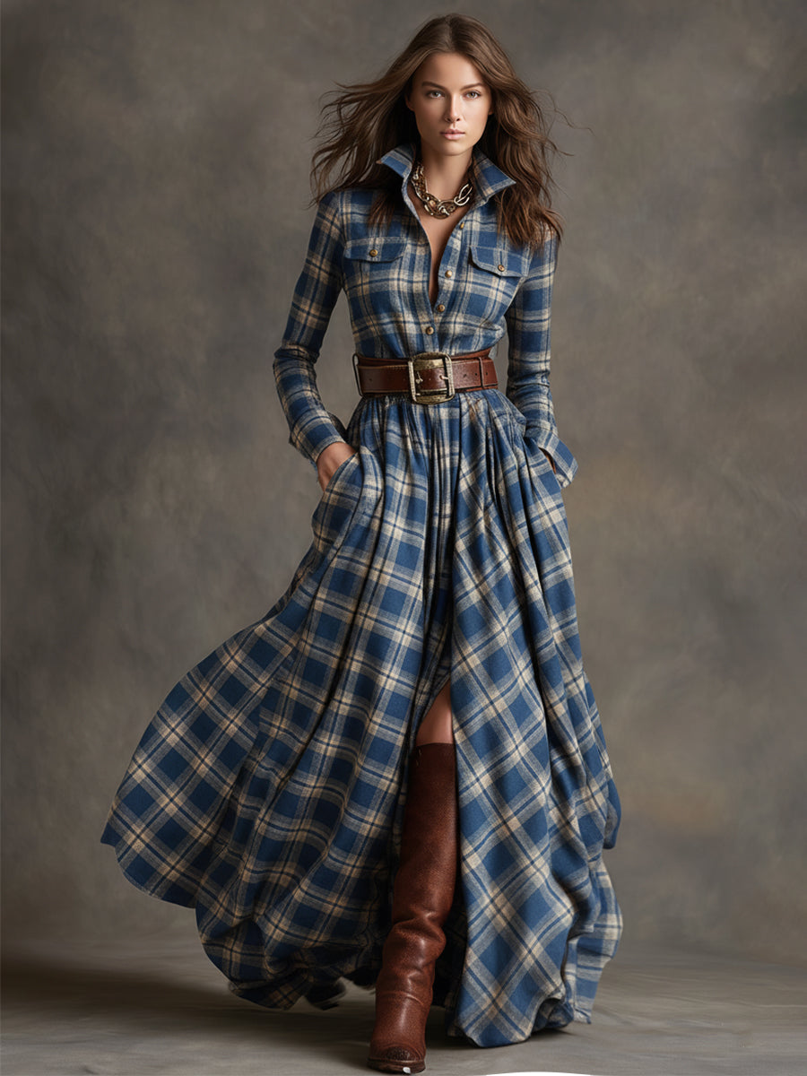 Bravira | Plaid Belted Lapel Maxi Dress