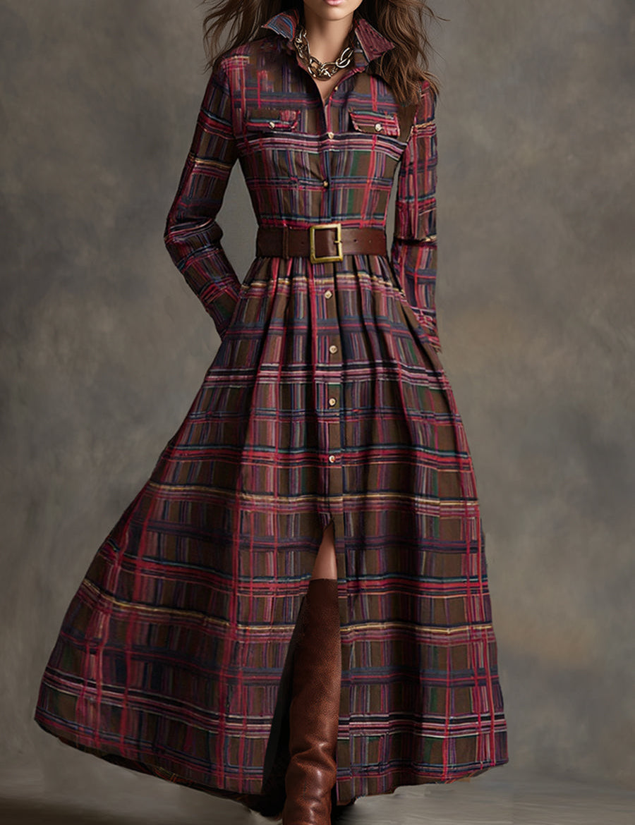 Bravira | Plaid Belted Lapel Maxi Dress