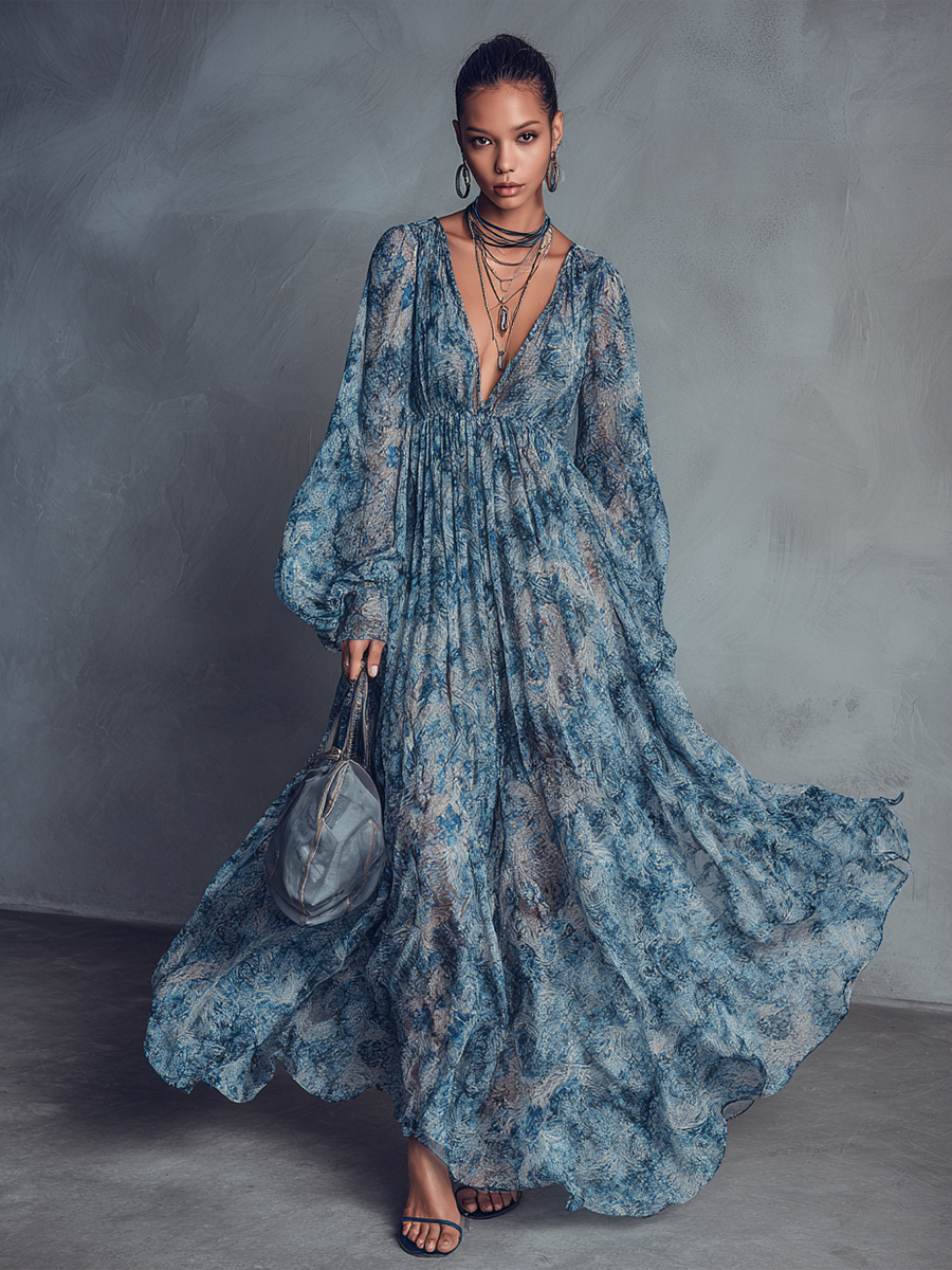 Floravira - Women’s Boho Floral Chiffon Maxi Dress