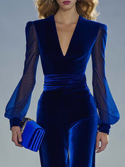 Velmira | Velvet Mesh Sleeve Jumpsuit