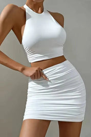 Maisie | White High Neck Crop Top & Ruched Mini Skirt Set