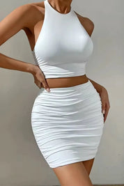 Maisie | White High Neck Crop Top & Ruched Mini Skirt Set