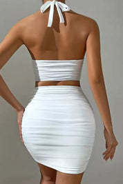 Maisie | White High Neck Crop Top & Ruched Mini Skirt Set