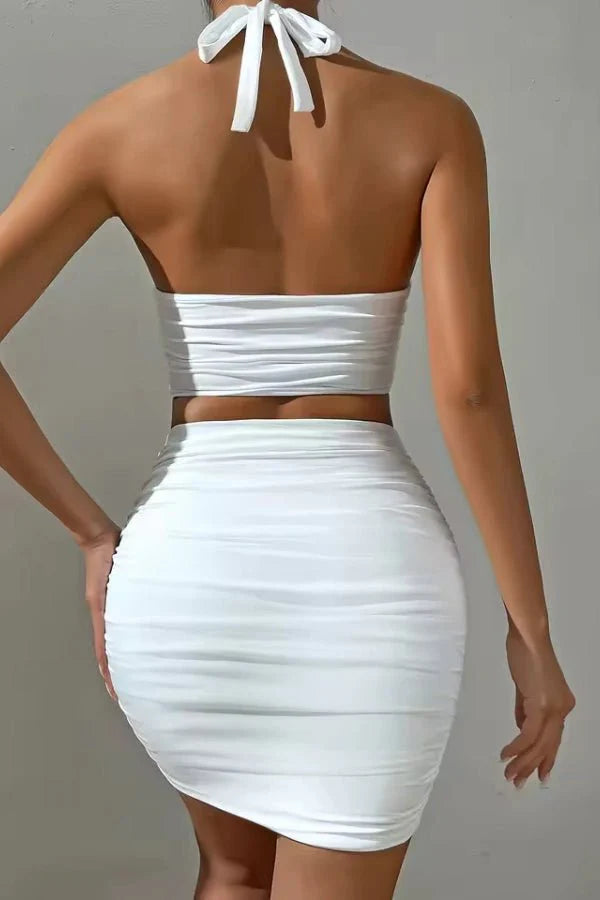 Maisie | White High Neck Crop Top & Ruched Mini Skirt Set