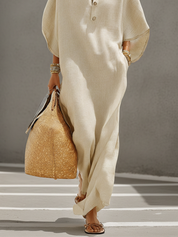 Olivara - Women’s Linen Mandarin Collar Maxi Dress