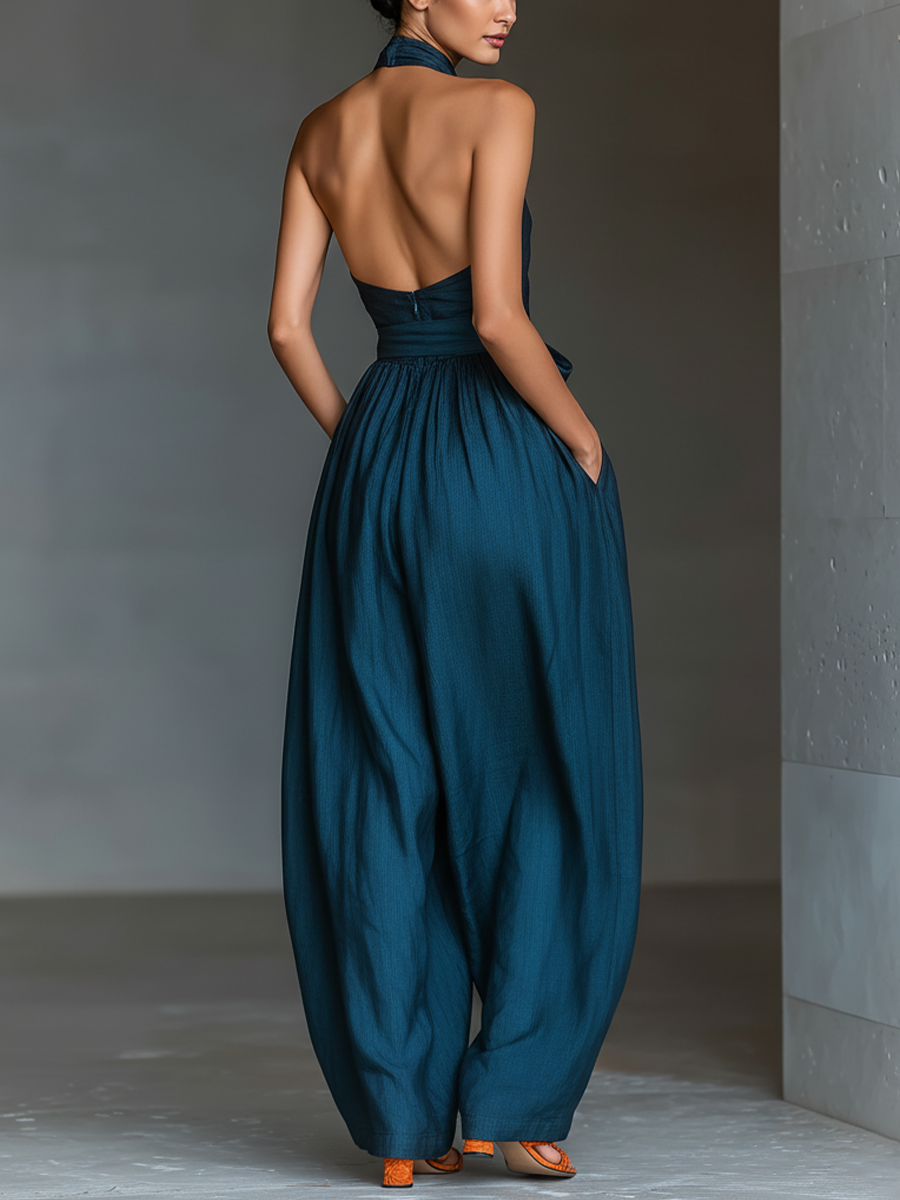 Navira - Women’s Linen Cross Halter Wide Leg Jumpsuit