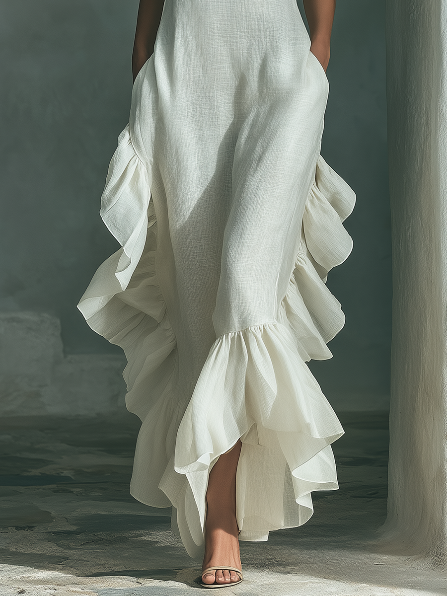 Ivorella - Women’s Linen Ruffle Hem Maxi Dress