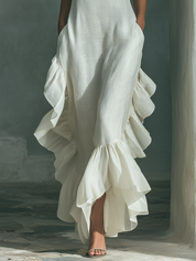 Ivorella - Women’s Linen Ruffle Hem Maxi Dress