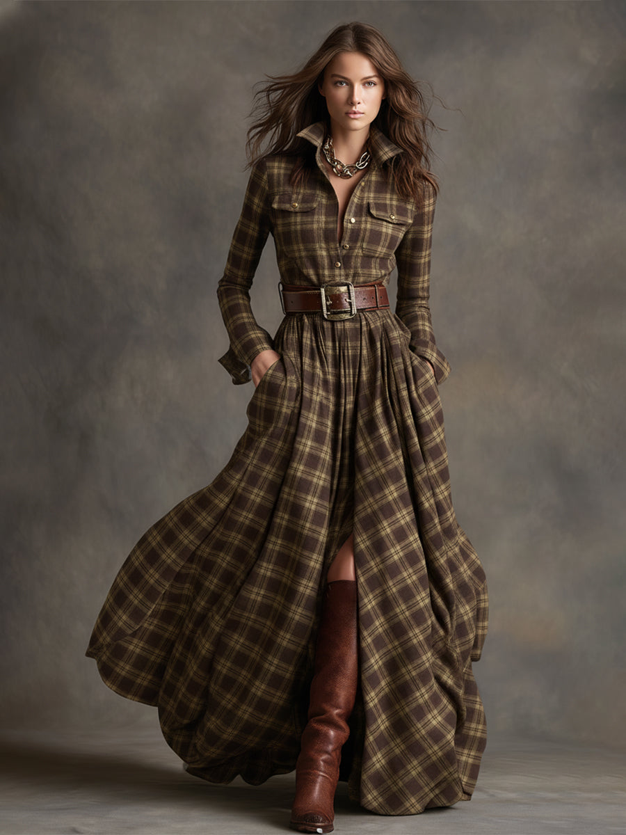 Bravira | Plaid Belted Lapel Maxi Dress