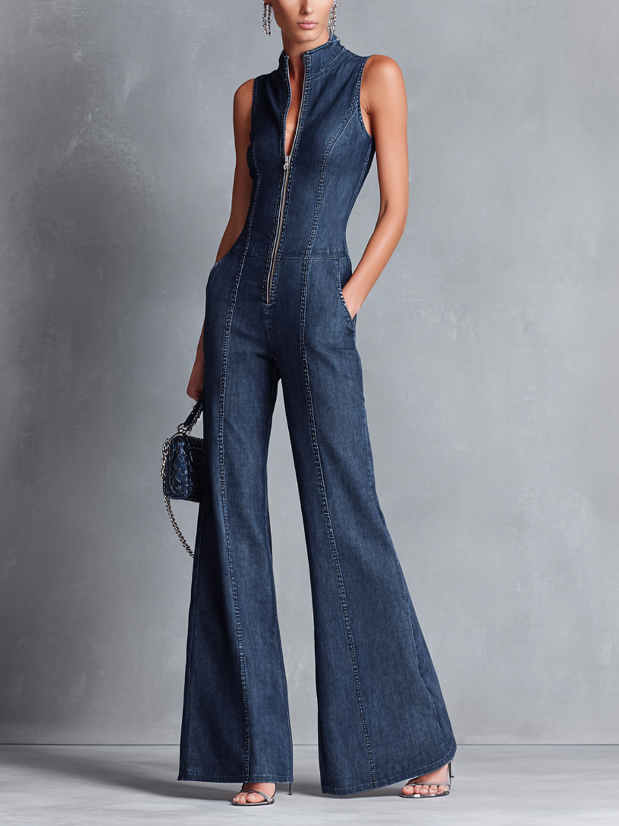 Denovira - Women’s Denim Flared Jumpsuit