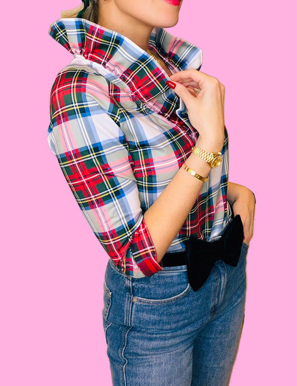 Elowen – Plaid Ruffle Neck Blouse