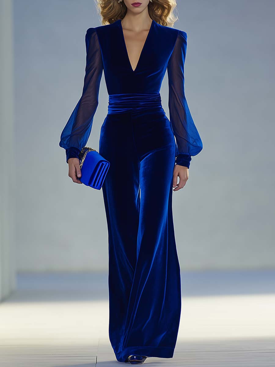 Velmira | Velvet Mesh Sleeve Jumpsuit