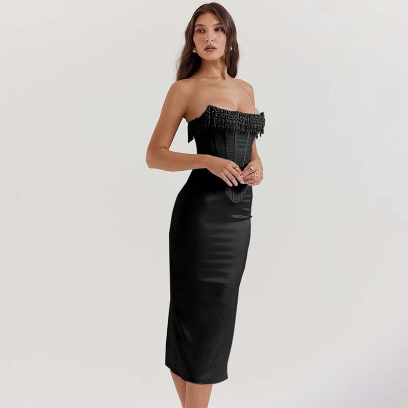 Sharlene | Women’s Strapless Stretch Satin Dress with Lace-Up Back