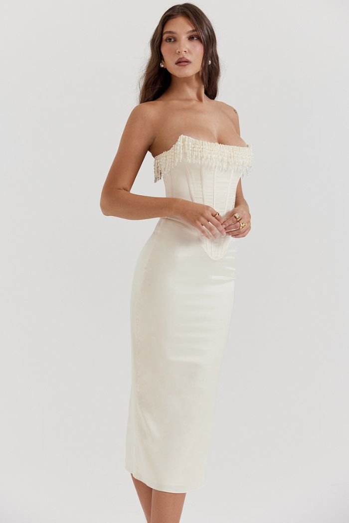 Sharlene | Women’s Strapless Stretch Satin Dress with Lace-Up Back
