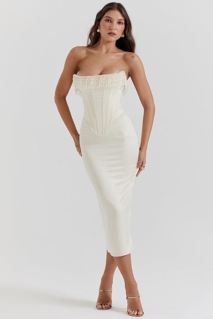 Sharlene | Women’s Strapless Stretch Satin Dress with Lace-Up Back