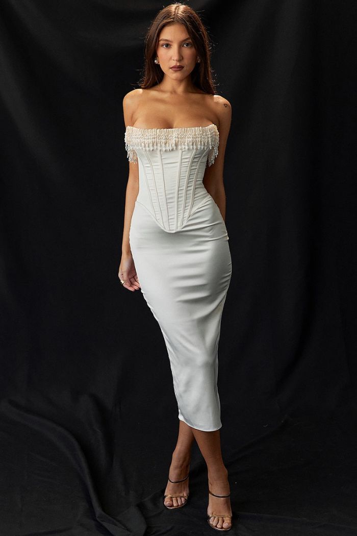 Sharlene | Women’s Strapless Stretch Satin Dress with Lace-Up Back