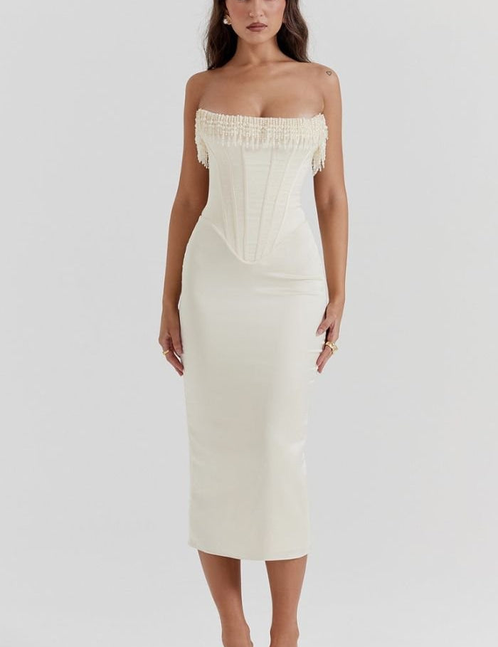Sharlene | Women’s Strapless Stretch Satin Dress with Lace-Up Back