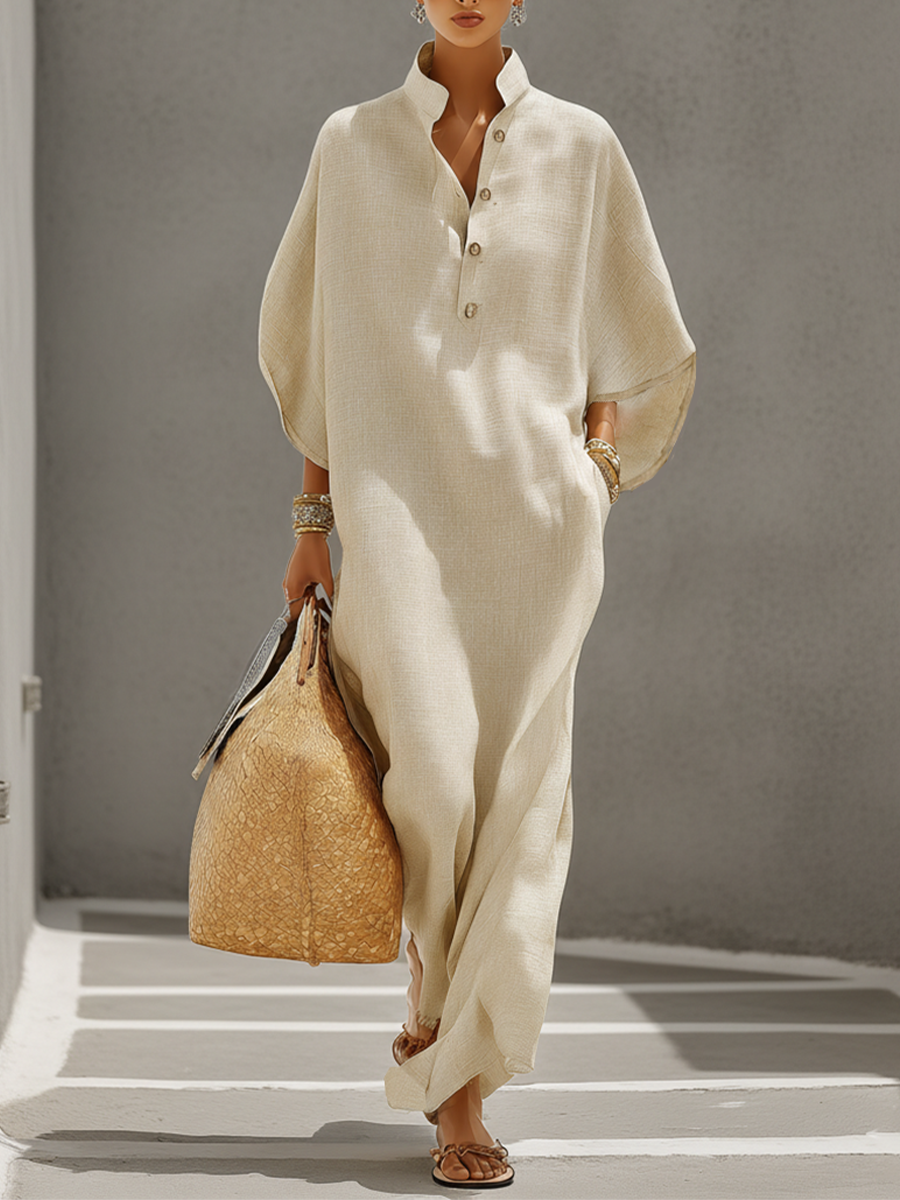 Olivara - Women’s Linen Mandarin Collar Maxi Dress