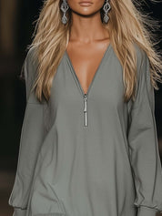 Velora | Zip V-Neck Ruffle Hem Mini Dress