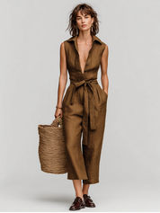 Torvella - Women’s Linen Tie Waist Jumpsuit