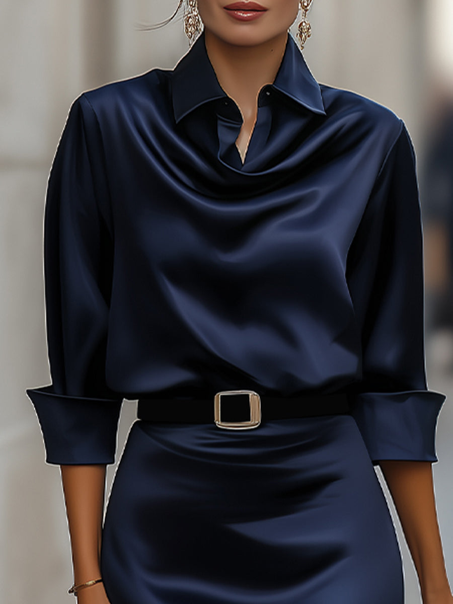 Navarre | Women’s Satin Draped Collar Midi Dress