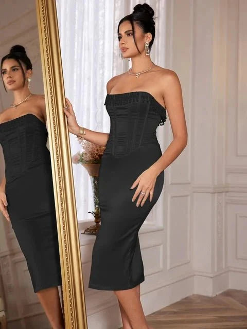 Sharlene | Women’s Strapless Stretch Satin Dress with Lace-Up Back