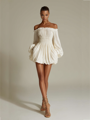 Ivessia - Women’s Off Shoulder Pleated Mini Dress